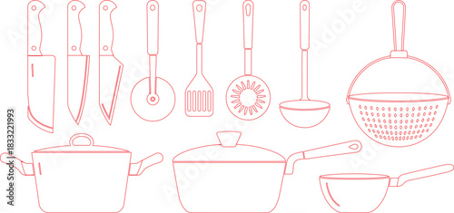Red Outline Kitchen Utensils Butcher Knife, Chef Knife, Pizza Cutter, Skimmer, Ladle, Colander, Pots and Pans Set