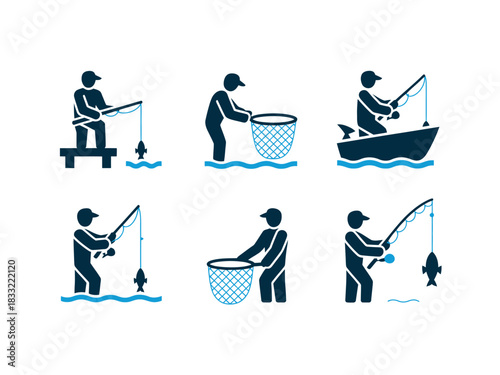 A collection of six stylized pictogram icons depicting various fishing activities and scenes.