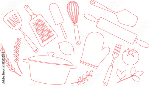 Red Outline Kitchen Utensils, Cookware, and Fresh Ingredients Clipart Illustration on a White Background