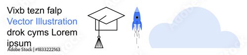 Education, innovation, success, growth, knowledge, advancement. A graduation cap, a blue rocket launching and a cloud. Education and innovation concepts with symbolic elements