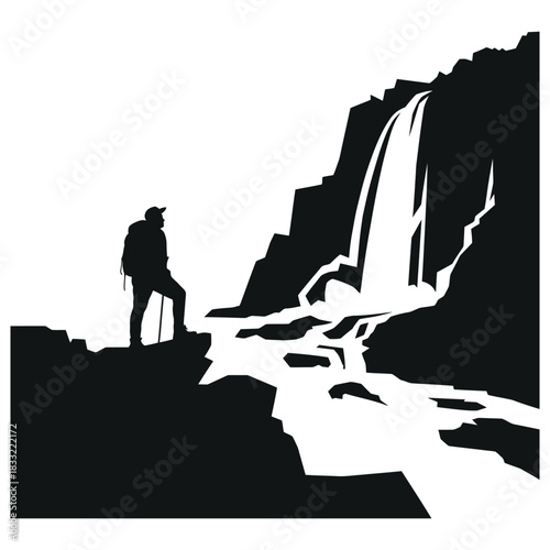 Silhouette of a lone hiker standing on a rocky outcrop admiring a powerful cascading waterfall in a natural landscape