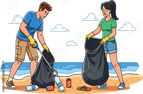 Couple cleaning beach together, ocean pollution awareness, environmental volunteering, picking up trash, eco-friendly lifestyle, coastal cleanup, teamwork for nature