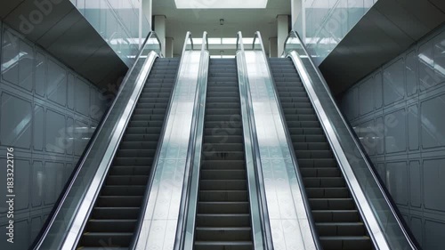 Three Escalators Leading Upwards in a Modern Building Interior stairs moving stairs
