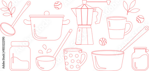 Red Outline Kitchenware Illustration Pot, Ladle, Moka Pot, Jars, Cups and Decorative Balls, Leaves