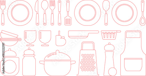 Red Outline Kitchenware Plates, Bowls, Utensils, Glasses, Pot, Grater, Salt Shaker, and Bottle Illustration