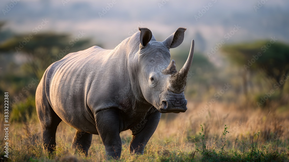 Obraz premium Majestic white rhino portrait embodies quiet strength across a serene African savanna landscape