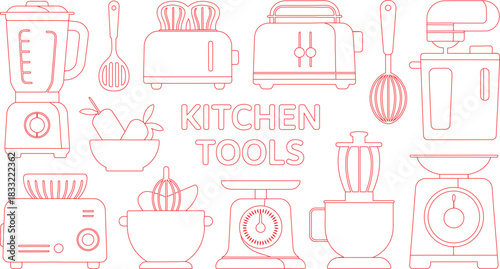 Red Outline Illustration of Kitchen Appliances and Tools Blender, Toasters, Mixer, Scale, and Cooking Utensils