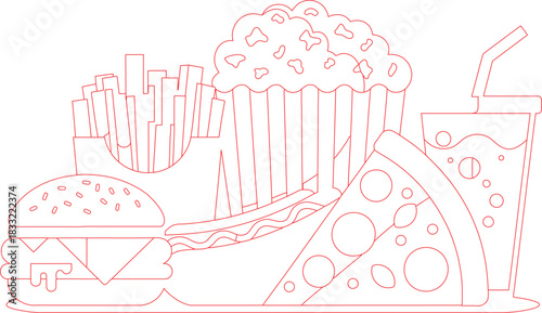 Red Outline of Fast Food Featuring Burger, Fries, Popcorn, Pizza, Hotdog, and Drink