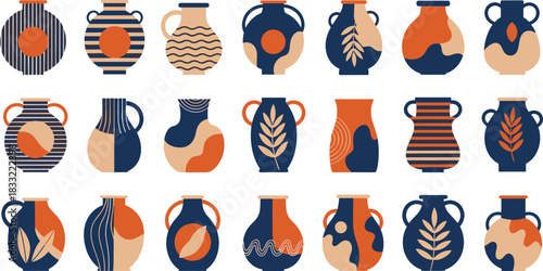 Ceramic vase illustration set, artistic pottery, abstract design, cultural motif, decorative shapes, terracotta palette, modern craft, stylish home decor