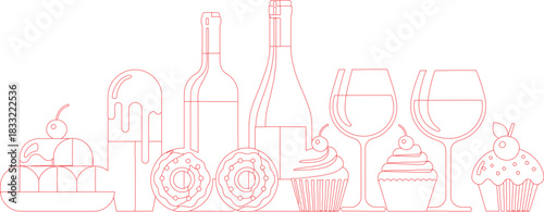 Red Outline of Wine Bottles, Glasses, Donuts, Cupcakes, and Ice Cream Dessert on White