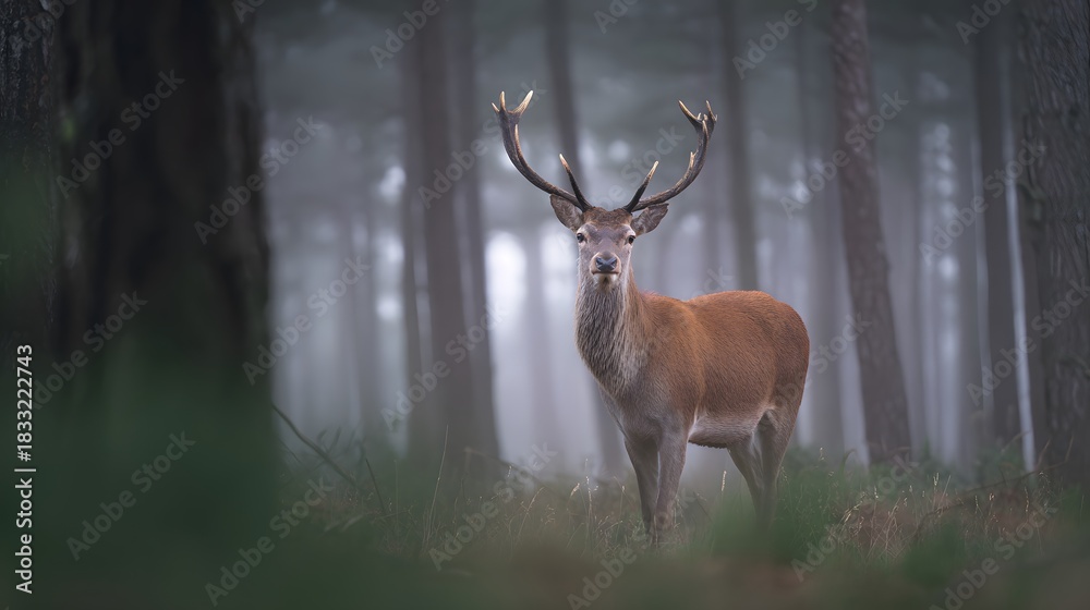 Fototapeta premium Majestic red deer portrait serene wildlife photograph captures calm intelligence in misty forest light