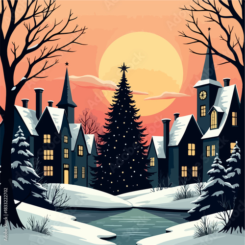 Cartoon vector illustration of a medieval fantasy town with snow-covered houses, trees, and a distant tower in a winter fairytale landscape