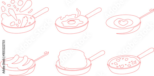 Red Outlined Pans with Eggs, Sausage, Potatoes, and Pancakes Cooking Isolated on White Background