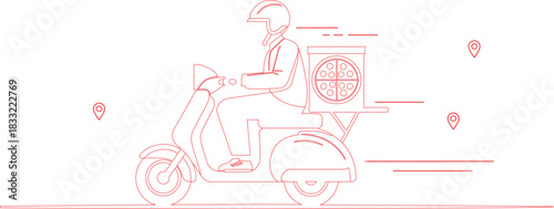 Red Outlined Pizza Delivery on Scooter With Map Pin Icons Illustration