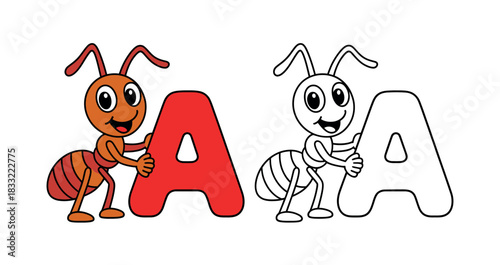 An ant character holds a red letter A, and a line art ant character holds a white letter A.
