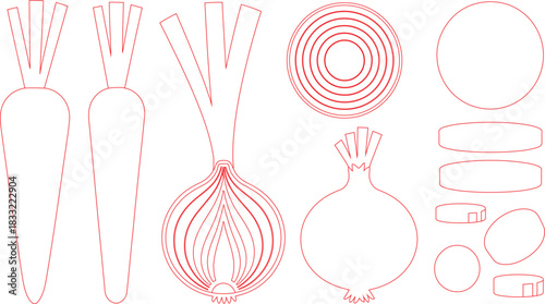 Red Outlines of Carrots, Onions, and Sliced Radishes on a White Background Illustration