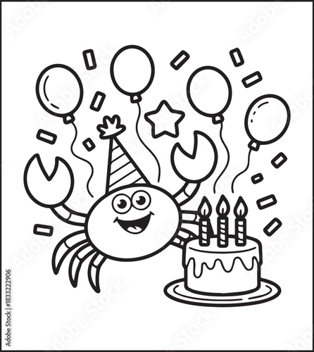 Cute crab ocean animal celebrating birthday black line art vector illustration for kids coloring page design