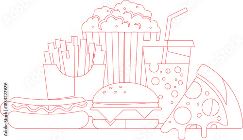 Red Outline of Fast Food Pizza Slice, Burger, Hot Dog, Fries, Popcorn, and Drink