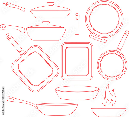 Red Outlines of Cookware Pans, Pots, Lids, and Handles on White Background