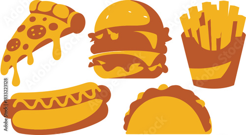 Simple Cartoon Illustration of Fast Food Items Including Pizza, Burger, Fries, Hotdog and Taco