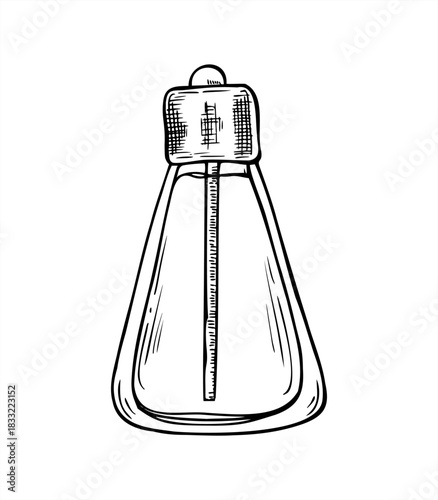 Dropper bottle with aromatic oil, serum or perfume line art black ink sketch. Glass vial with essential oil vector isolated illustration. Medical flask for spa design, pharmaceuticals, cosmetic