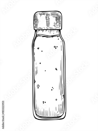 Monochrome bottle with cap top vector isolated illustration painted by black inks. Plastic or glass sport bottle filled with fresh drinking water graphic sketch for beverage packaging design