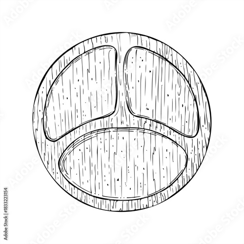 Wooden serving tray with three sections vector sketch painted by black inks. Board for serving snack isolated illustration. Empty round dish for kitchenware in digital or print media, kitchen decor