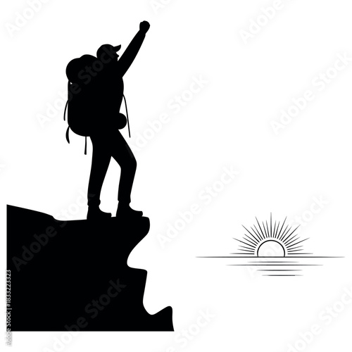 Silhouette of a triumphant hiker with backpack raising arm in victory on a cliff edge