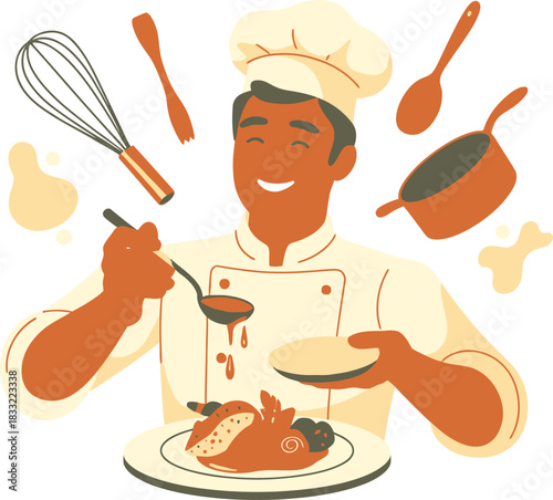 Smiling Chef Garnishing Meal with Ladle Alongside Kitchen Utensils Illustration Style