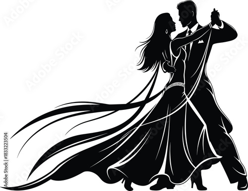 Couple dancing silhouette, ballroom dance illustration, romantic tango artwork, elegant dancers vector, love performance design, passion movement art, graceful dance pose
