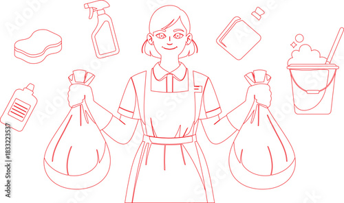 Smiling Maid with Cleaning Supplies Outline Illustration of Cleaning Lady and Products