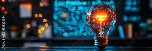 Innovative light bulb shines in modern workspace setting Generative AI