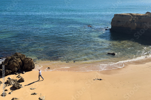 Rocky seashore. View of Praia da Vigia beach in Albufeira, Portugal, Europe