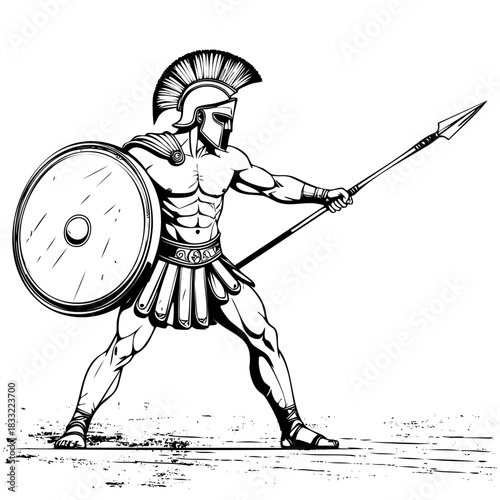 Black-and-white illustration of an ancient Greek warrior in crested helmet, tunic and armor, holding shield and spear in a dynamic battle stance on a minimal battlefield