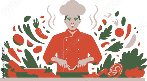 Smiling Chef Preparing Food Surrounded by Carrots, Tomatoes, and Green Vegetables Illustration