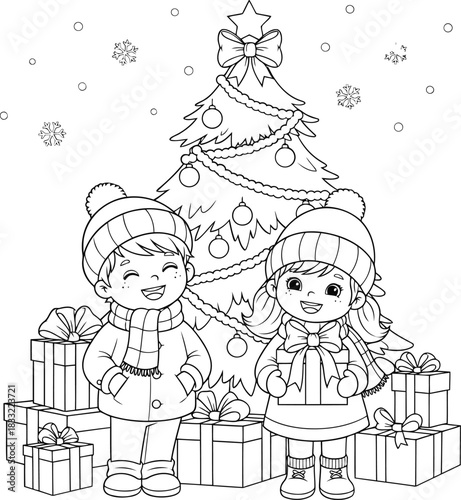Christmas Cheer Children Joyfully Celebrating by the Festive Tree with Gifts and Snowy Decorations