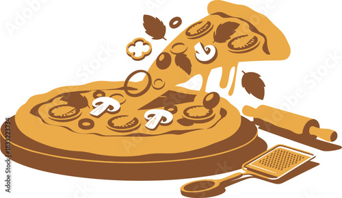 Tasty Pizza Slice with Mushrooms, Olives, and Melted Cheese, Accompanied by Cooking Utensils Illustration