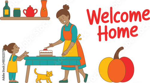 Welcome Home Illustration Mother Decorates Cake with Daughter Watching, Adorable Cat, Colorful Fall Pumpkins Displayed
