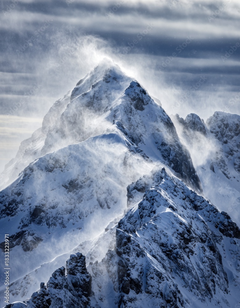 Obraz premium Majestic Snow-Capped Mountain Peak with Windy Conditions and Clouds