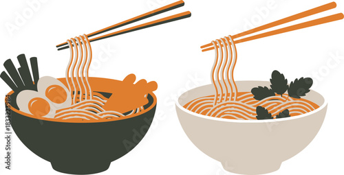 Two Bowls of Cartoon Ramen with Chopsticks, Vegetables, Eggs, and Broth Illustration