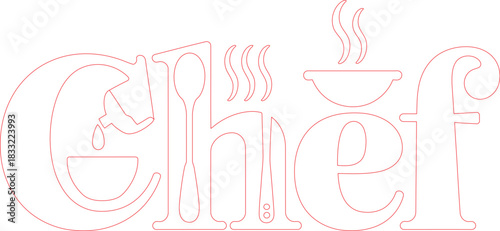 Artistic Red Outline of Chef Text, Interwoven with Cooking Symbols, on a White Background