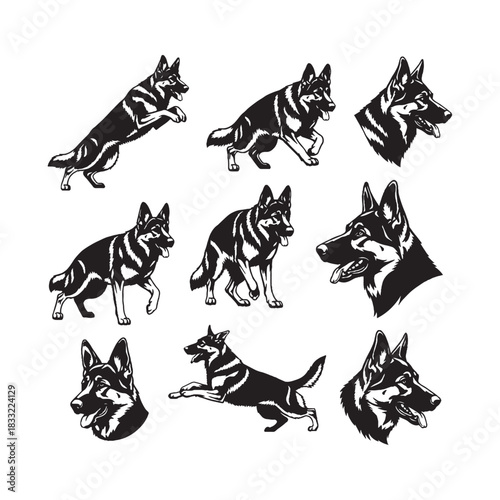 defense german shepherd dog silhouettes and head logos collection, german shepherd silhouette, guard dog vector, protection animal, canine emblem