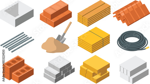 Construction materials, building supplies, bricks, concrete blocks, insulation boards, steel bars, roof tiles, sand pile, electrical cable, industrial tools