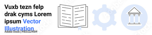 Education, technology, research, institution services, automation, academic resources. Open book, gear and building symbols. Education and technology concepts