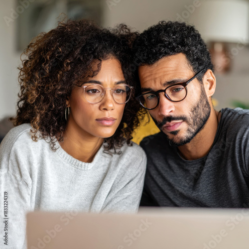 Young couple looking at laptop screen together while planning family budget and paying bills online.