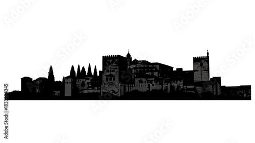 Silhouette of a castle and buildings with trees in the background against a white sky landscape view