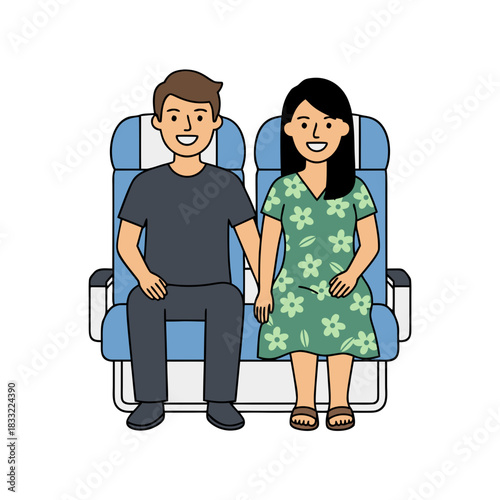 Smiling Couple Holding Hands Sitting in Airplane Seats Together Wearing Casual Outfits and Floral Dress in a Plane Cabin During Travel