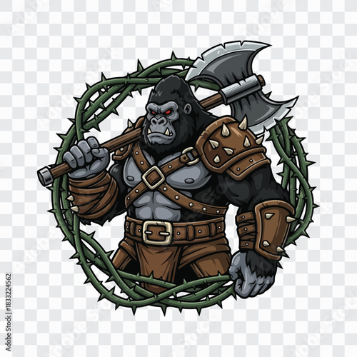 A formidable gorilla warrior stands ready for battle, clad in leather armor and wielding a massive axe, framed by a thorny wreath against a clean backdrop