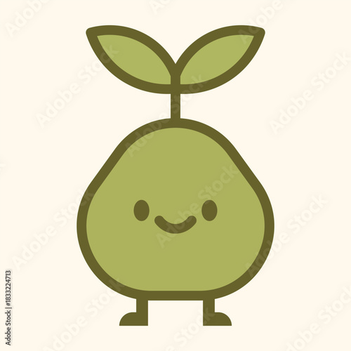 Kawaii Pear Character – Cute Plant Fruit Cartoon with Leaf Sprout