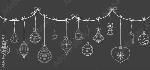 Christmas garland hanging balls, stars snowflakes sketch elements decorating for the Christmas and New Year chalk on blackboard. Design element, winter border, header 